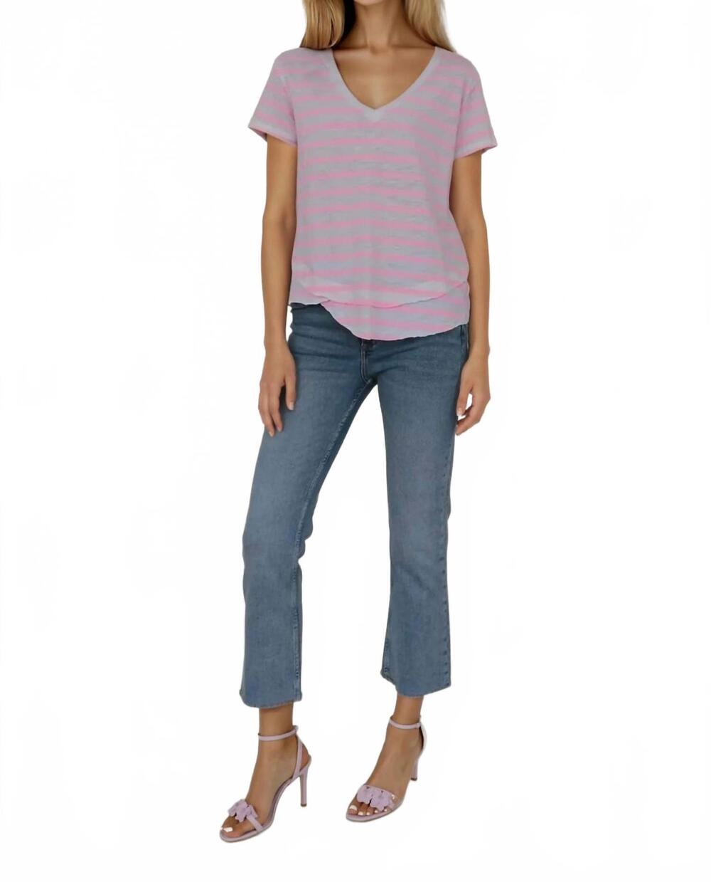 NEW CHRLDR stripe ava v neck mock layer t shirt in candy pink